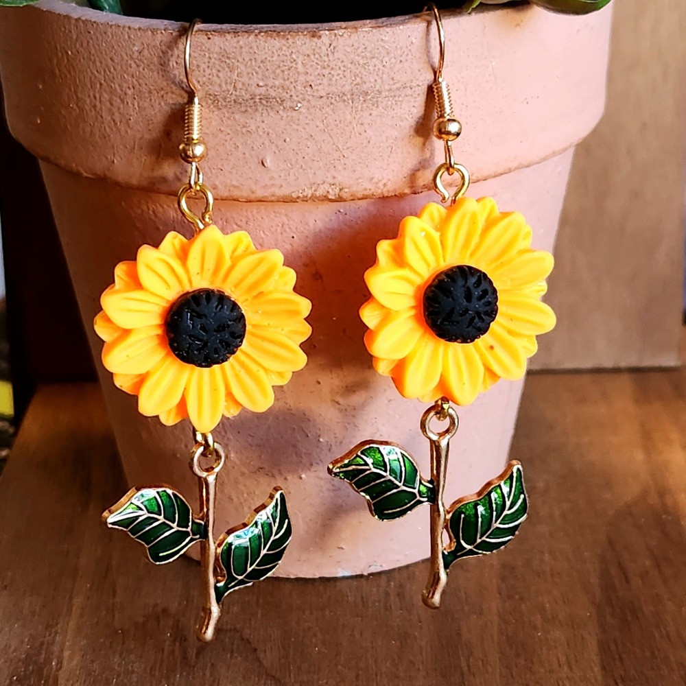 Yellow Sunflower Dangle Earrings Gold Tone Green Enamel Leaf Floral Drop 2.75"